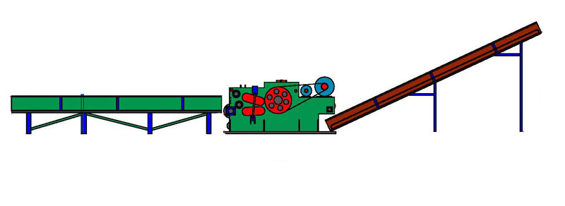 drum wood chipper with input and output conveyor